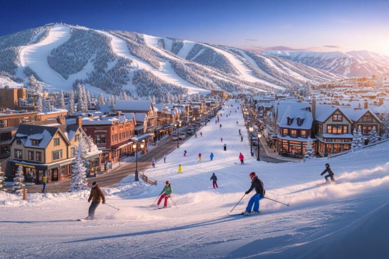Snowy ski village at the base of towering, snow-covered slopes; skiers glide down a groomed hill past chalet-style shops and a lively town street.