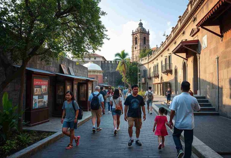 People walk along a cobblestone street beside historic stone buildings and a tall church tower in the background.