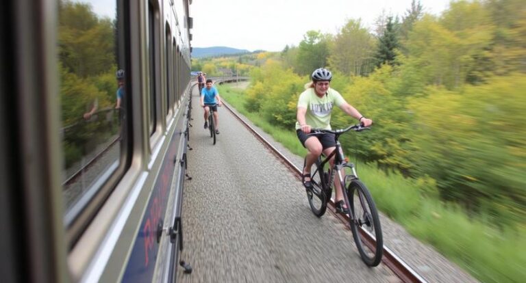 Cyclists ride beside a moving train on a rural rail line, trees in the background as passengers look out the window.