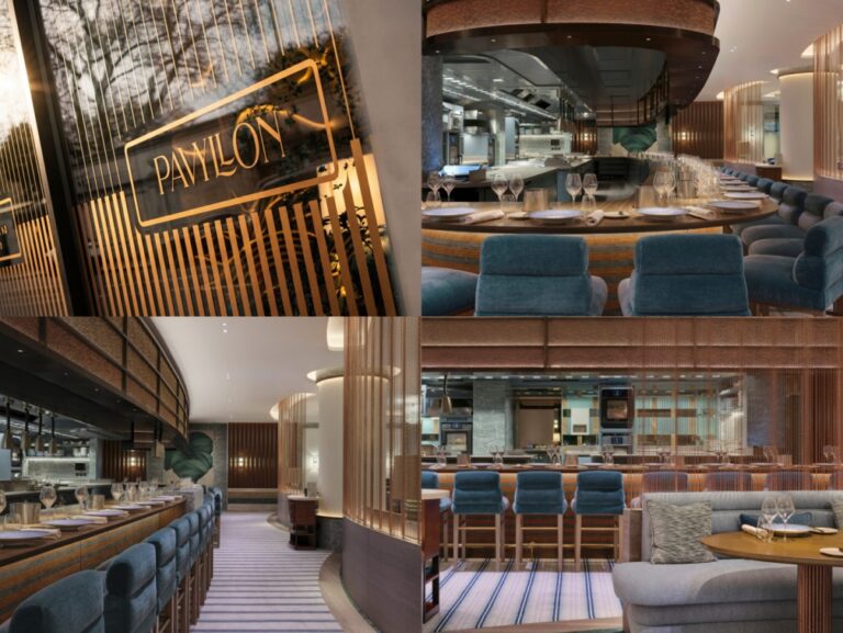 Open-plan restaurant with teal upholstered seats, a curved bar, and tables set with glassware; a sign reading Pavilion on the glass wall.