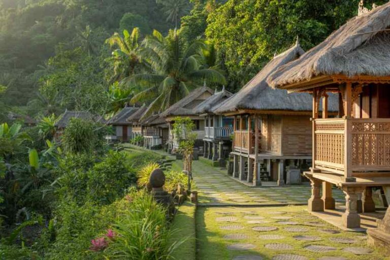 Stilted thatched cottages along a tiled garden path in a tropical resort, surrounded by lush greenery and palms.