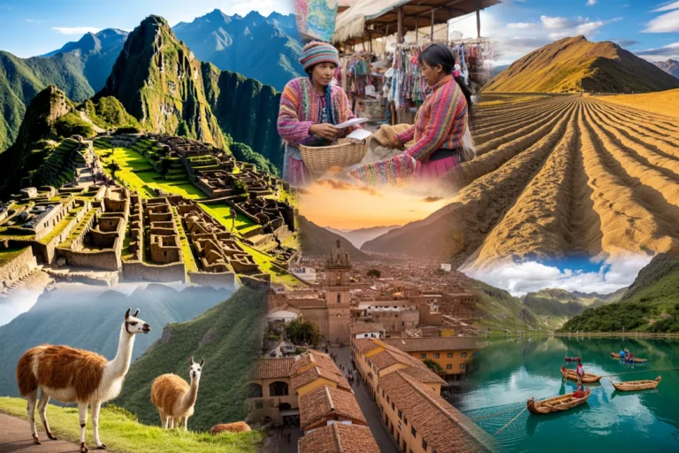 Collage of iconic Peruvian scenes: Machu Picchu terraces, colorful market, desert mountains, alpacas, and a lakeside town.