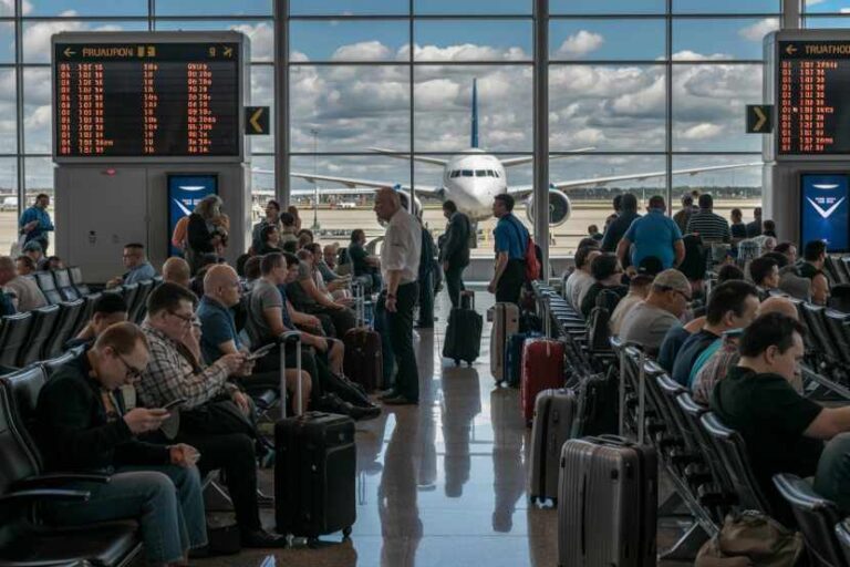 Busy airport terminal with passengers seated and boarding gate screens, a plane visible through the glass wall outside.