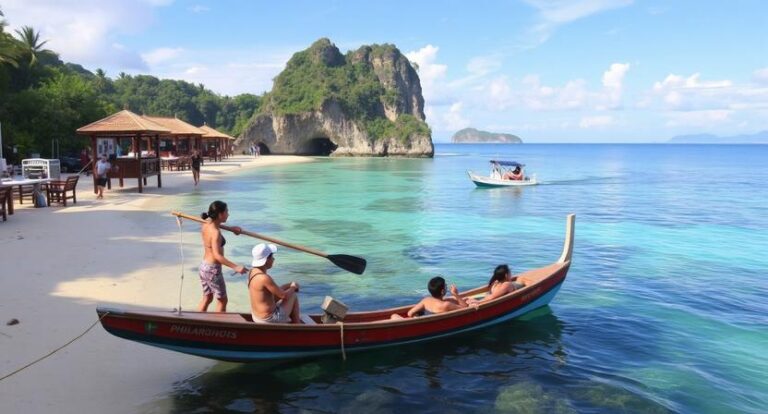 Colorful long-tail boat near a white-sand beach with turquoise water and a rocky island in the background.