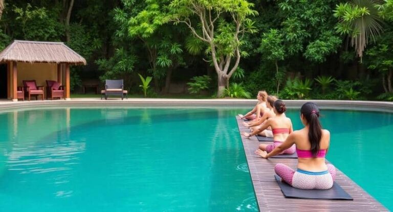 Four women in swimwear sit on yoga mats along the pool’s edge, practicing a seated pose with tropical plants and a thatched cabana in the background.