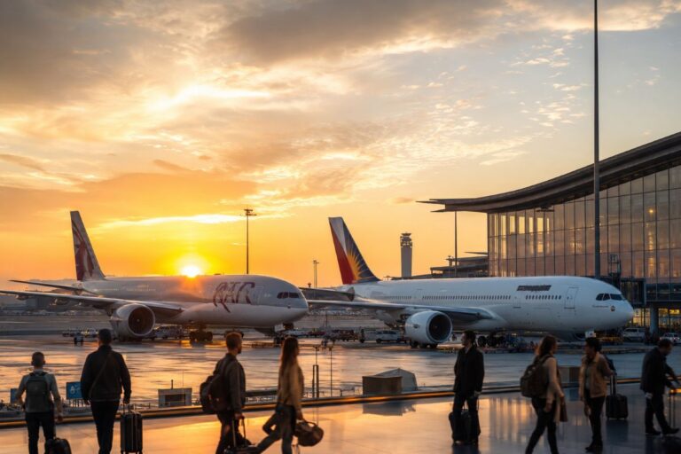 Sunset airport scene with two wide-body planes at gate and travelers walking with luggage.