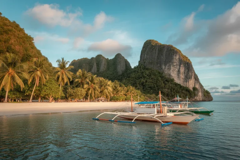 Tropical beach with palm trees, turquoise water, and a towering limestone cliff in the background; traditional outrigged boats sit near the shoreline.
