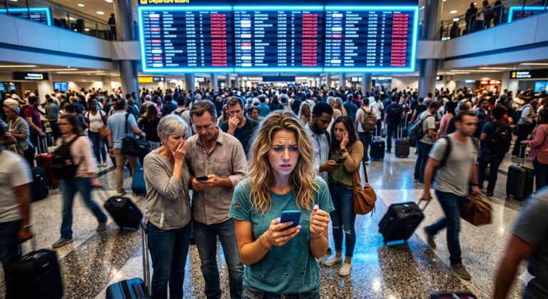Crowded airport terminal with a distressed woman in a teal shirt looking at her phone in the foreground under a large glowing departure board.