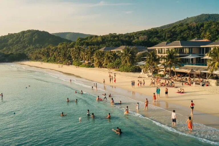 Sunlit tropical beach with palm trees, resort buildings, and groups of people swimming and strolling along the sandy shore under a clear sky.