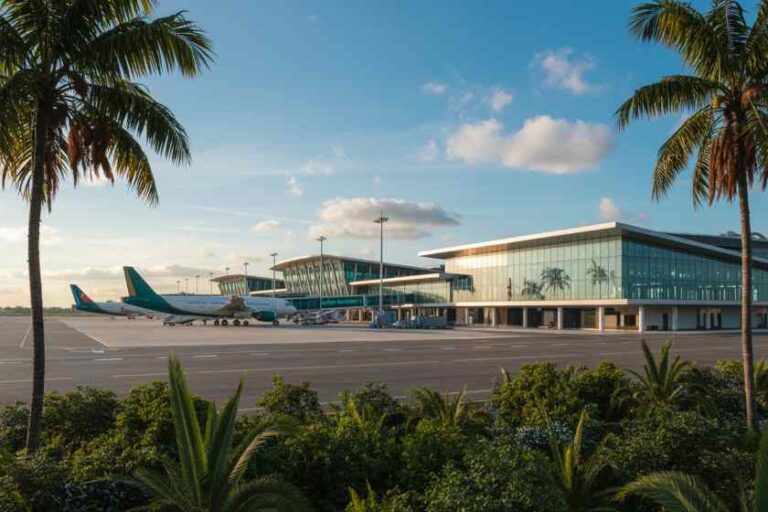 Modern airport terminal with glass facade and parked airplanes on the tarmac, palm trees in foreground during sunny weather.
