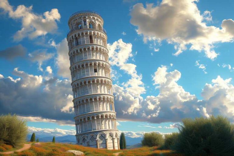 Leaning Tower of Pisa leaning on a grassy landscape under a bright blue sky with fluffy clouds.