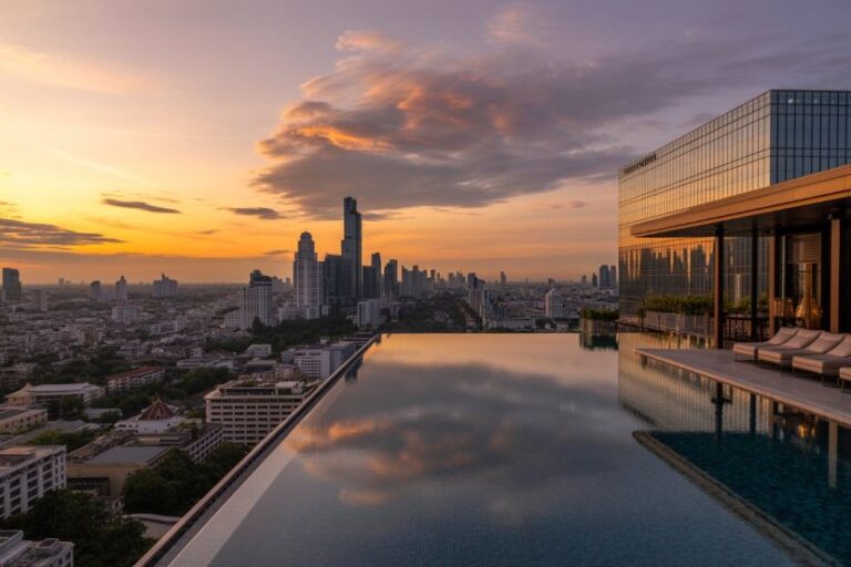 Rooftop infinity pool at sunset overlooking a city skyline with a glass-walled hotel on the right.