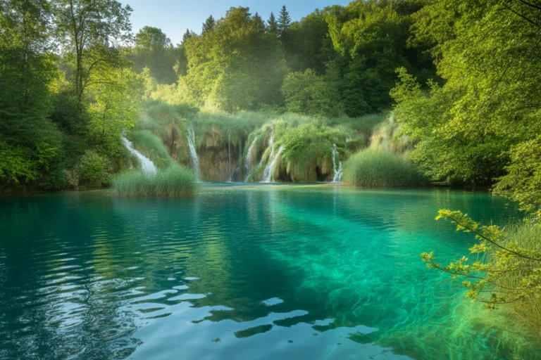 Turquoise lake framed by a lush green forest with small cascading waterfalls at the far shore.