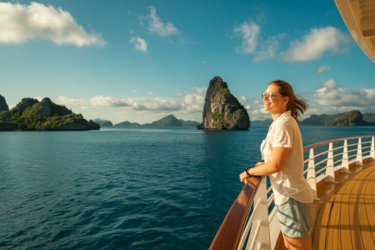 Woman on a cruise ship deck in sunglasses, gazing at the blue sea and green limestone islands.