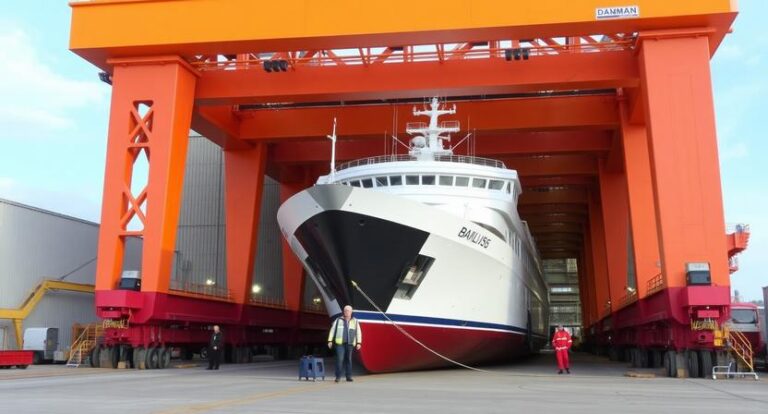 Massive orange ship lifting gantry over a white yacht in a dry dock, with workers nearby.