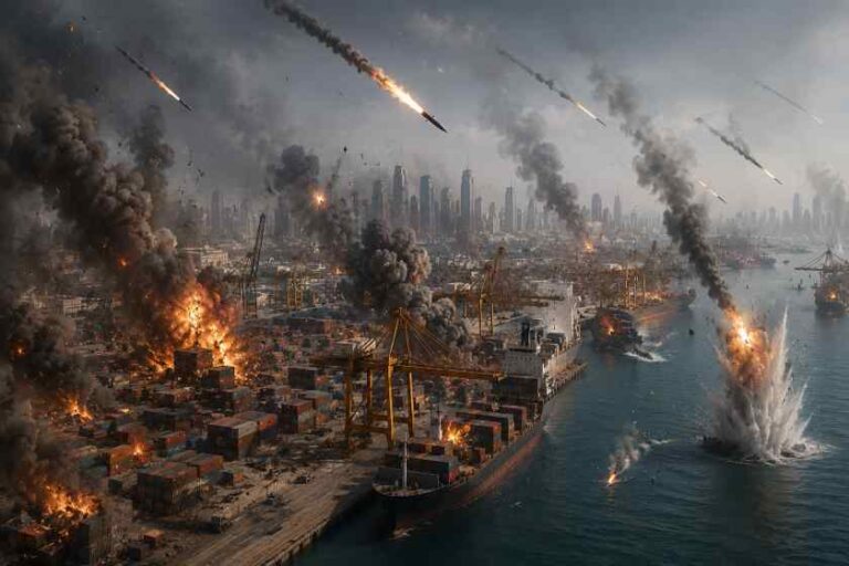 Port harbor under attack with fires, thick smoke, and missiles streaking across the sky