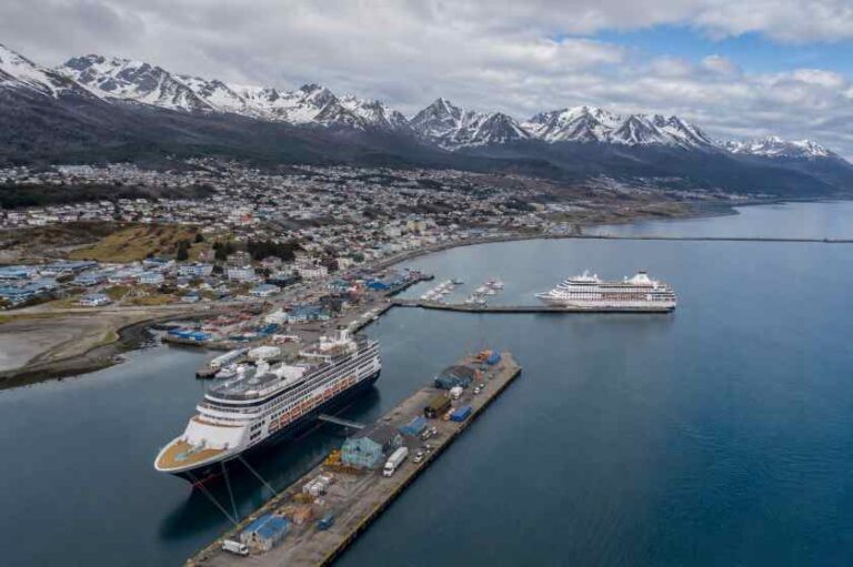 A coastal town with snow-capped mountains in the background; two large cruise ships docked at a pier in the harbor.
