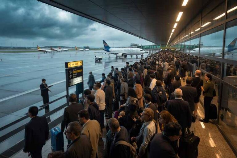 Crowded jet bridge at an airport with passengers waiting to board, gates and airplanes visible outside on a rainy tarmac.