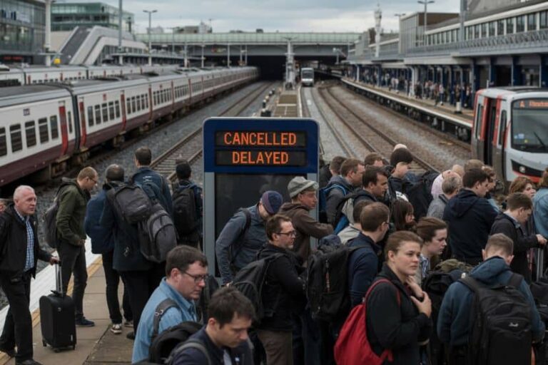 Crowded train platform with a digital sign reading 'CANCELLED DELAYED' as commuters wait for updates.