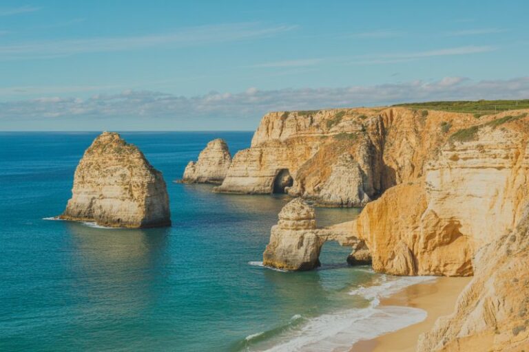 Golden cliffs and rock arches along a blue sea coastline with a sandy beach below.