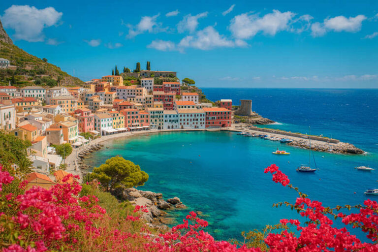 Colorful Mediterranean seaside town on a hillside with a turquoise bay, boats anchored, and pink flowers in the foreground.