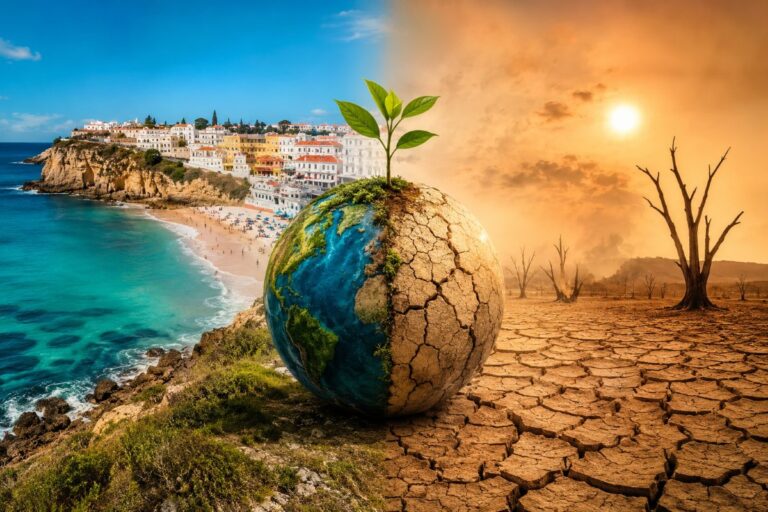 Globe with a sprout growing from cracked soil, split between a lush coastline on the left and a desert on the right under a warm sun.