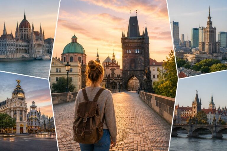 Traveler with a brown backpack stands on a cobblestone bridge at sunset, facing historical towers (Prague scene).