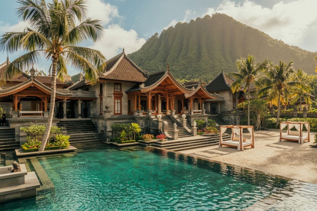 Resort with ornate wooden pavilions around a turquoise swimming pool, palm trees and a mountain backdrop.
