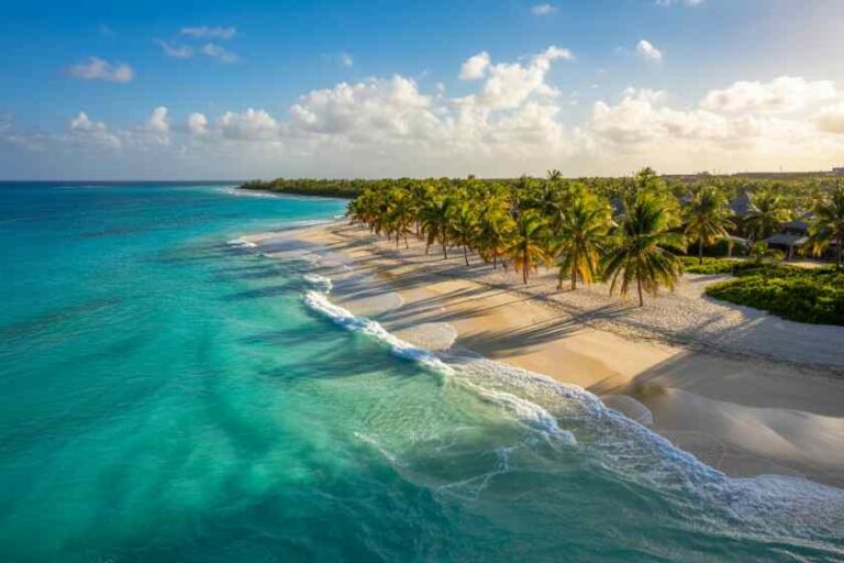 Palm trees line a white-sand beach with turquoise water and gentle waves under a clear blue sky.