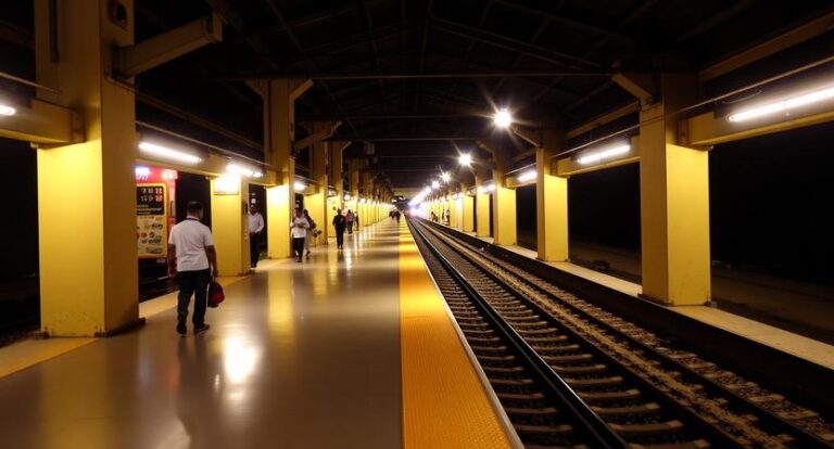 A dimly lit train platform with yellow columns, passengers waiting near the tracks, extending into the distance.