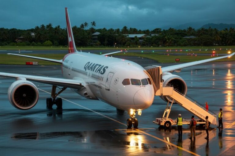 Qantas airliner parked at a rainy tarmac with portable stairs and ground crew nearby at dusk.