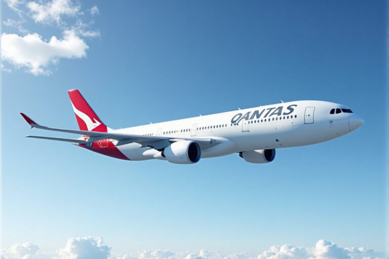 White Qantas passenger jet flying high in a clear blue sky with clouds below, red tail logo visible.