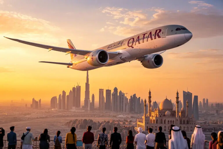Qatar Airways jet flying above a city skyline at sunset, seen by people gathered at a viewing point in the foreground.