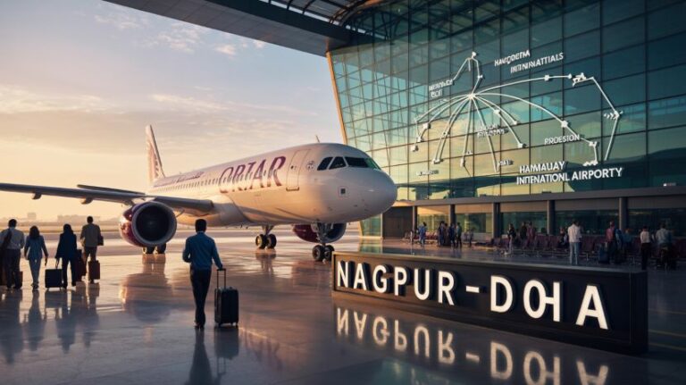 Qatar Airways plane on the tarmac at Nagpur International Airport with travelers carrying luggage near the terminal gate, and a large Nagpur-Doha sign in front.