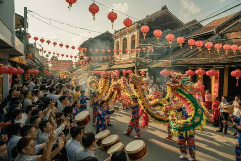 Dragon dancers perform a colorful parade in a crowded street, with red lanterns overhead and musicians nearby.