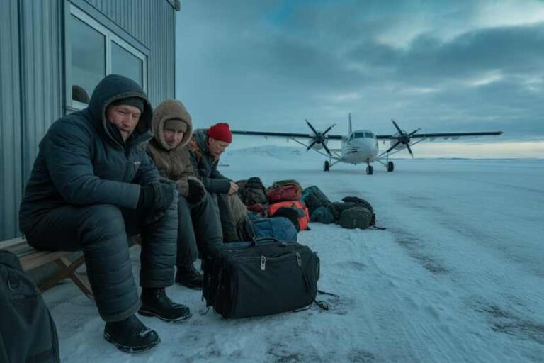 Four people in heavy winter clothing sit on a bench beside a blue metal building on a snow-covered airstrip, with a small propeller plane in the distance and bags spread on the ground.