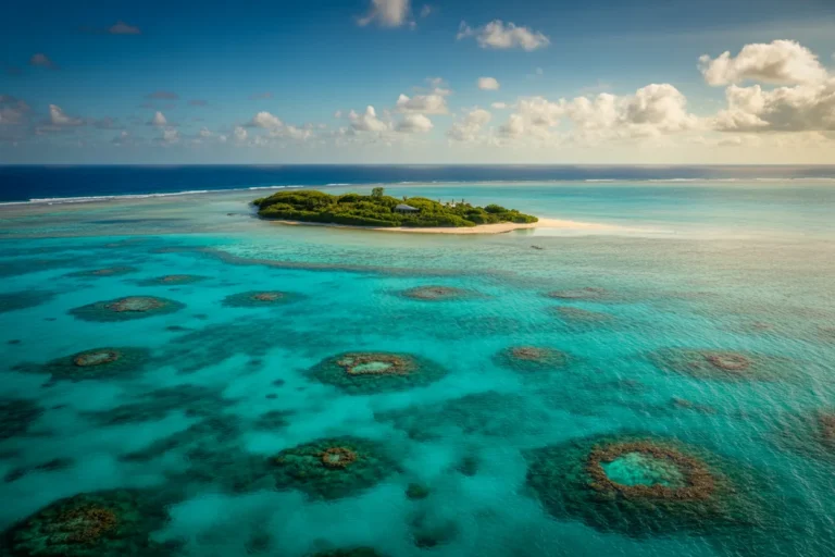 Small tropical island surrounded by bright turquoise water and visible circular coral reefs nearby.