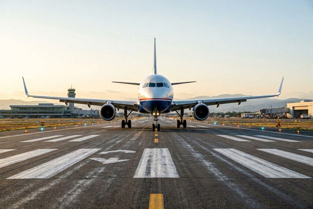Front view of a passenger jet facing the camera on a runway at an airport during sunset, wheels down and engines running.