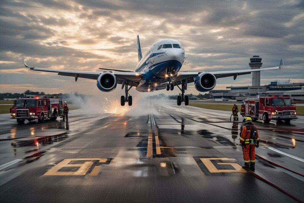 Commercial jet landing on a wet runway as orange-clad firefighters spray hoses and sparks fly near the gear.