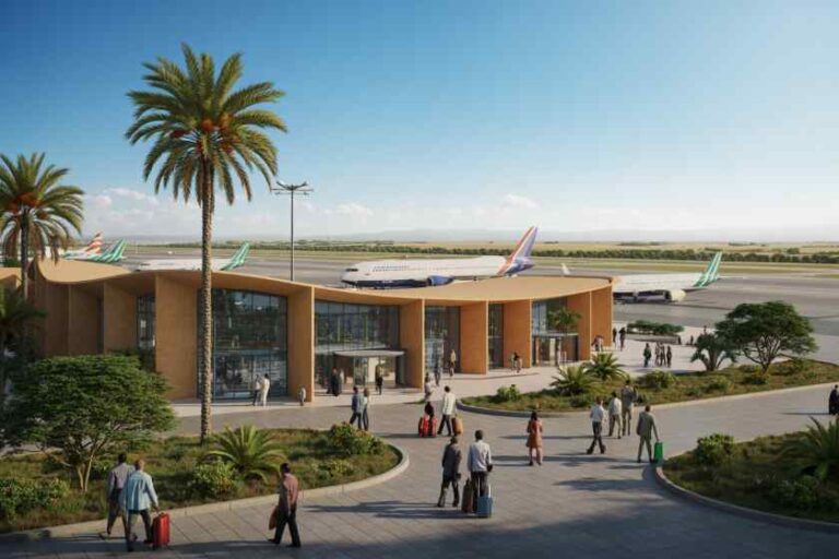 Modern airport terminal with glass facade, palm trees, and planes parked at gates; people with luggage walk toward the entrance.