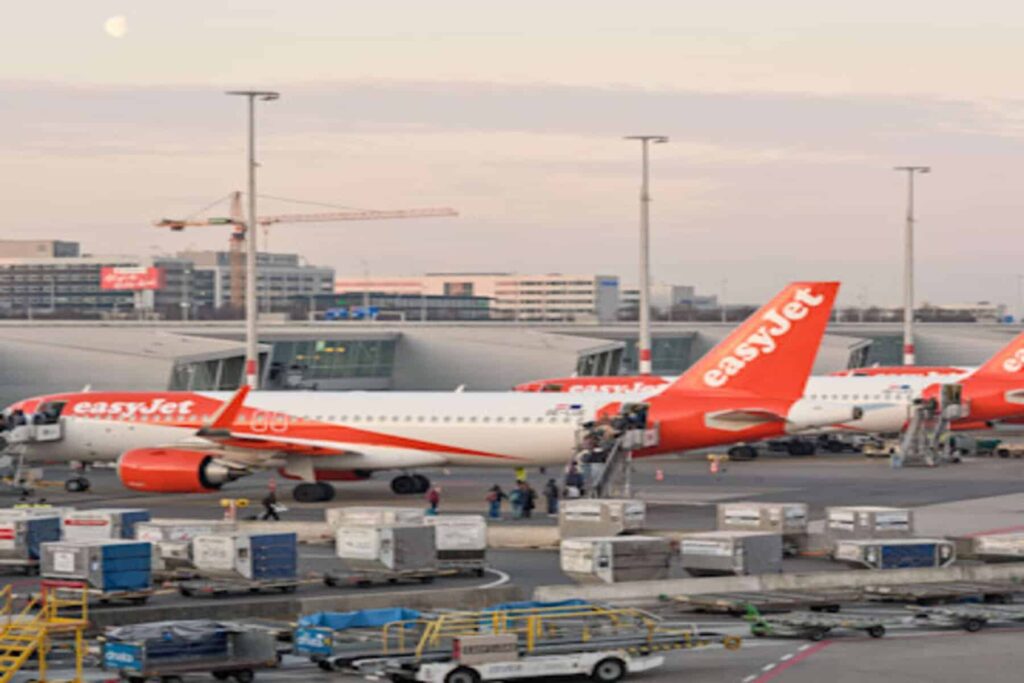 Several orange EasyJet airplanes parked at a terminal on the tarmac with ground crews and luggage carts nearby at dusk/early evening window edge.