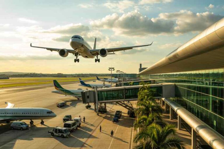 Airplane descending toward a sunlit airport with a jet bridge and several planes on the tarmac.