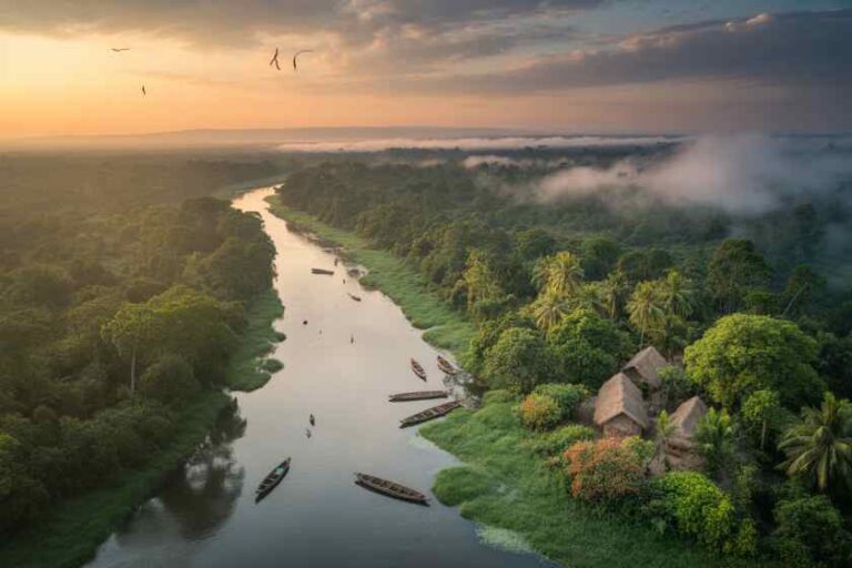 Aerial view of a river winding through dense tropical forest at sunset, with canoes along the banks and thatched huts among palm trees by the shore.