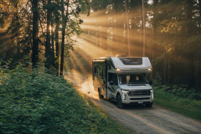 White recreational vehicle driving along a gravel forest road with sunbeams filtering through trees.