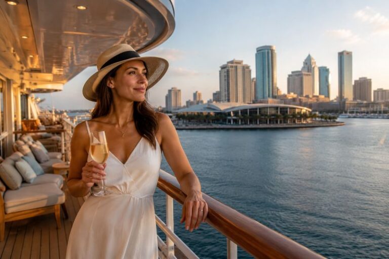 Woman in a white dress and straw hat on a yacht railing, holding a champagne glass, gazing at the city skyline over the water.