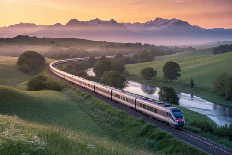 High-speed train curving through green fields beside a winding river at sunset with distant mountains nearby.