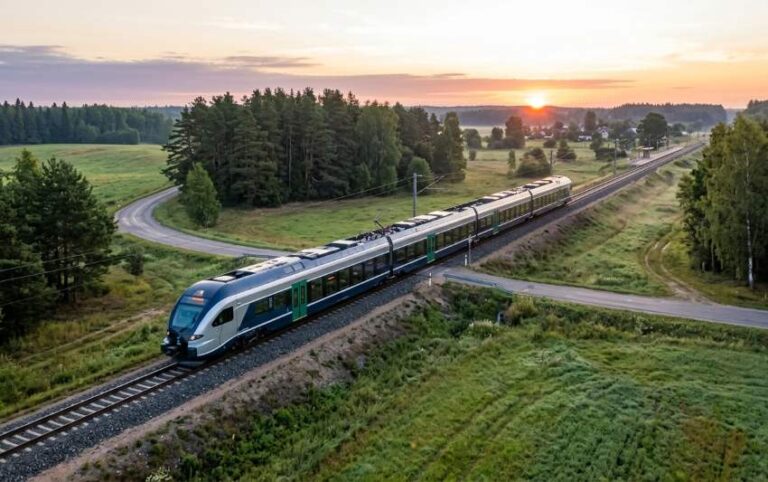 High-speed passenger train on a curved track through a green rural landscape at sunset, viewed from above.