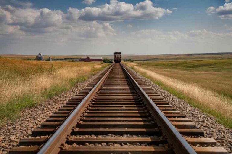 Railroad tracks extend straight across a prairie toward a distant train on the horizon in a cloudy sky.