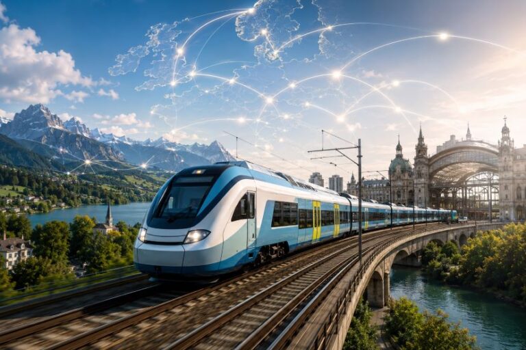 High-speed blue and white train on a curved bridge over a river, with a historic European city and distant mountains in view.