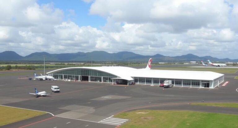 Wide view of a modern airport terminal with a curved white roof, planes on the tarmac, and mountains in the background.